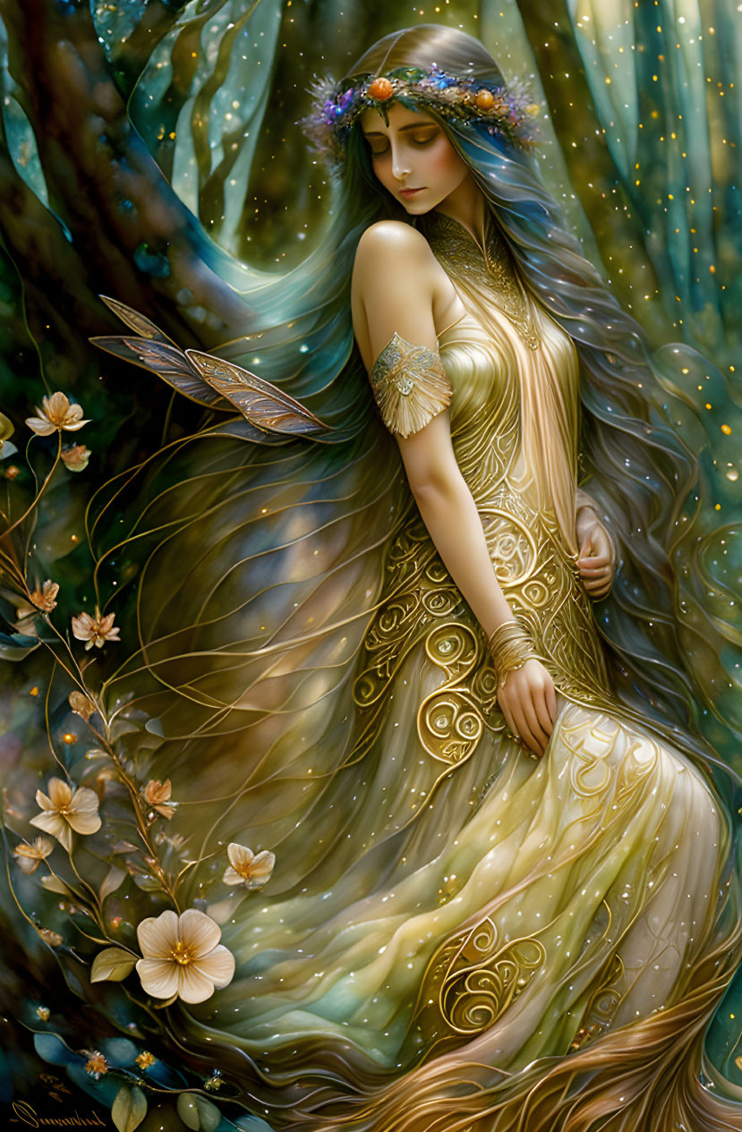Mystical female figure with wings in golden dress among forest flowers