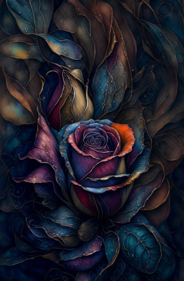 Detailed painting: Blue, purple, orange rose on dark background