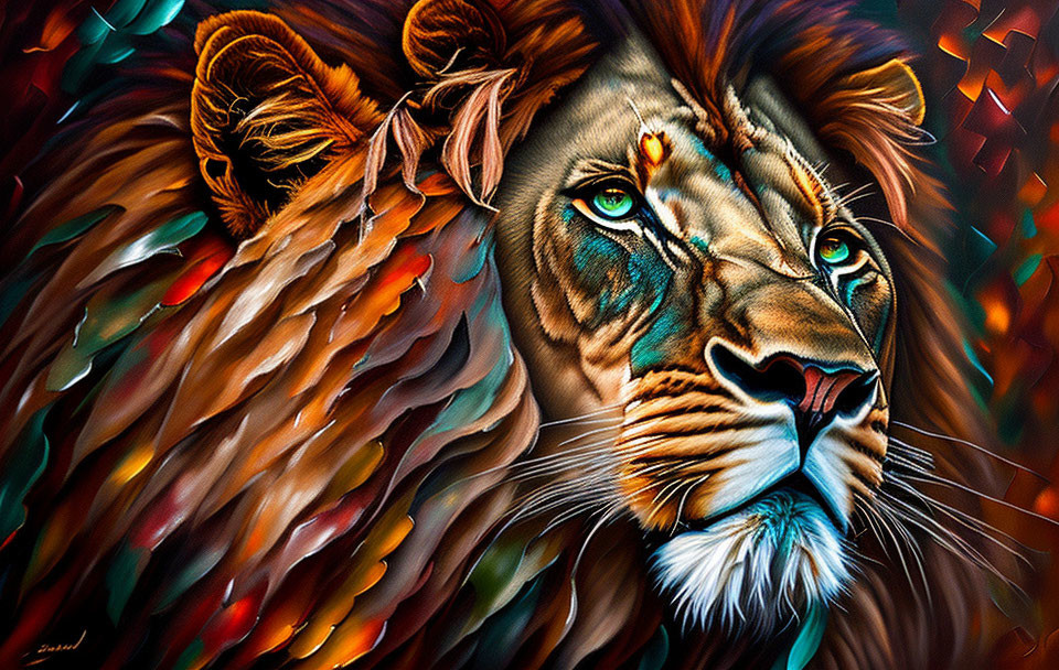 Colorful Lion Face Painting with Realism and Abstract Patterns