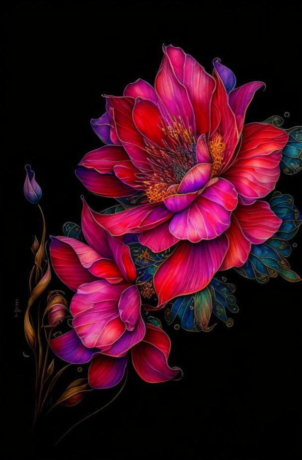 Detailed digital artwork of vibrant red flowers with golden centers on a dark background.