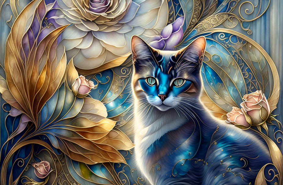 Colorful blue-eyed cat illustration with starry coat and golden patterns, surrounded by flowers