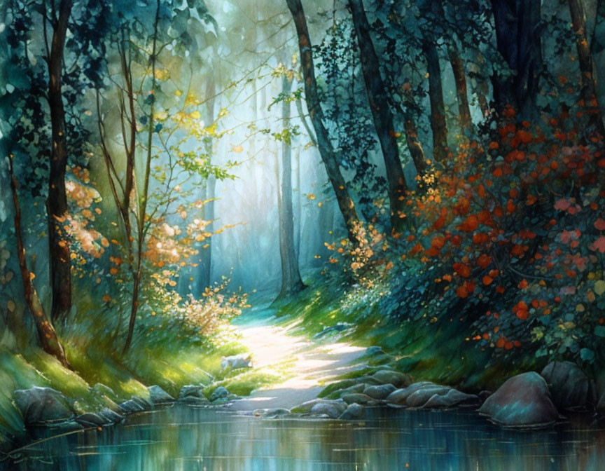 Tranquil forest path with pond and sunlight