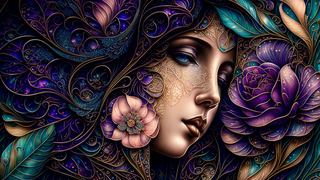 Digital art: Woman's face merged with floral patterns in rich colors