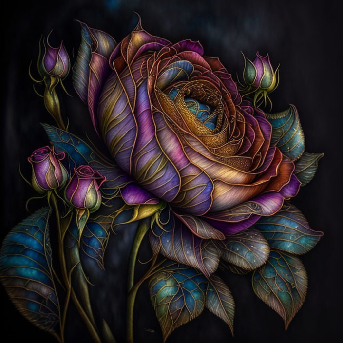 Stylized multicolored rose art on dark background