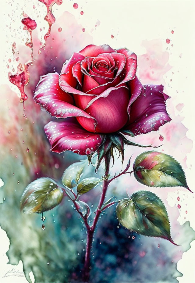 Colorful digital painting: red to white rose with water droplets and ink splash.