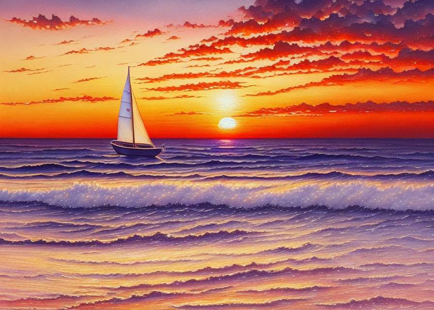 Scenic sunset with orange and purple clouds over choppy sea, lone sailboat sailing.