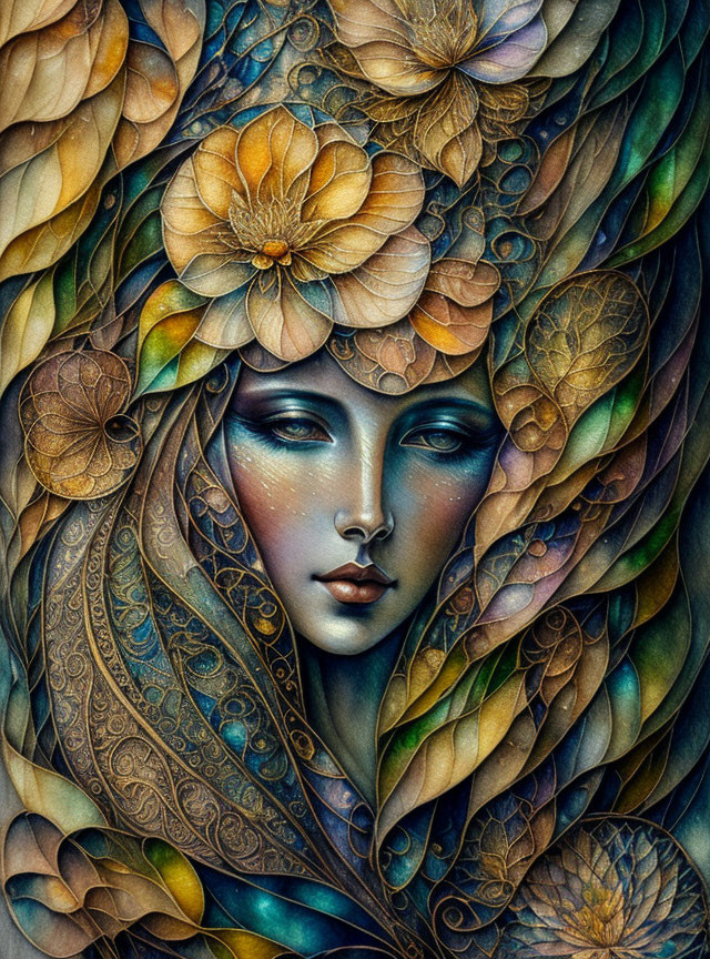 Woman's face with floral patterns in earthy and metallic tones