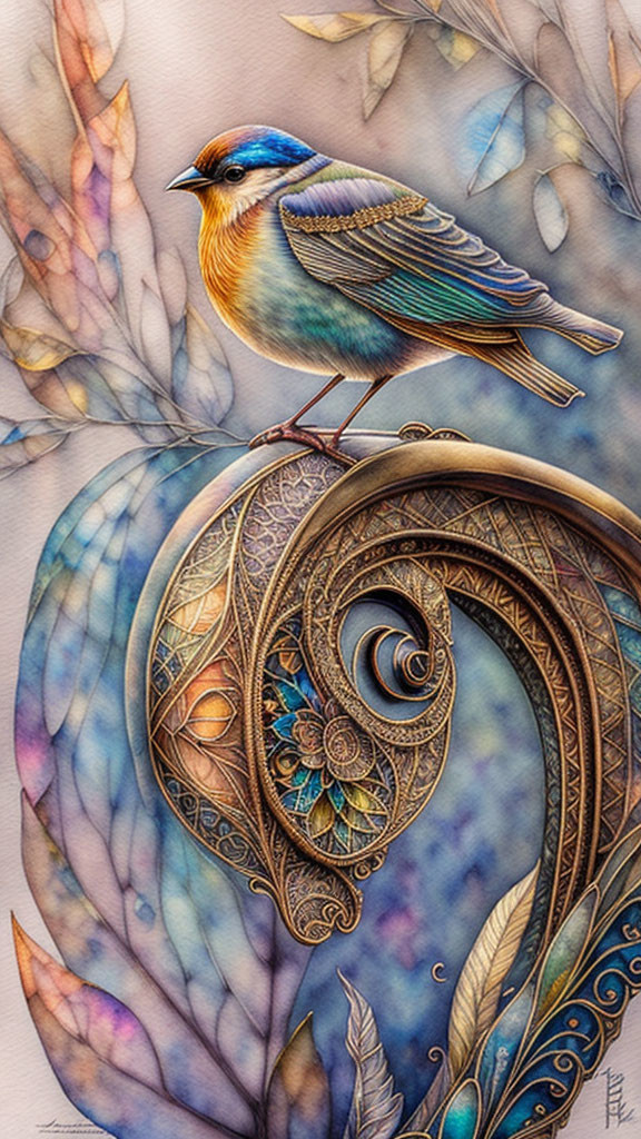 Colorful Bird on Steampunk Heart with Mechanical Details and Leaves