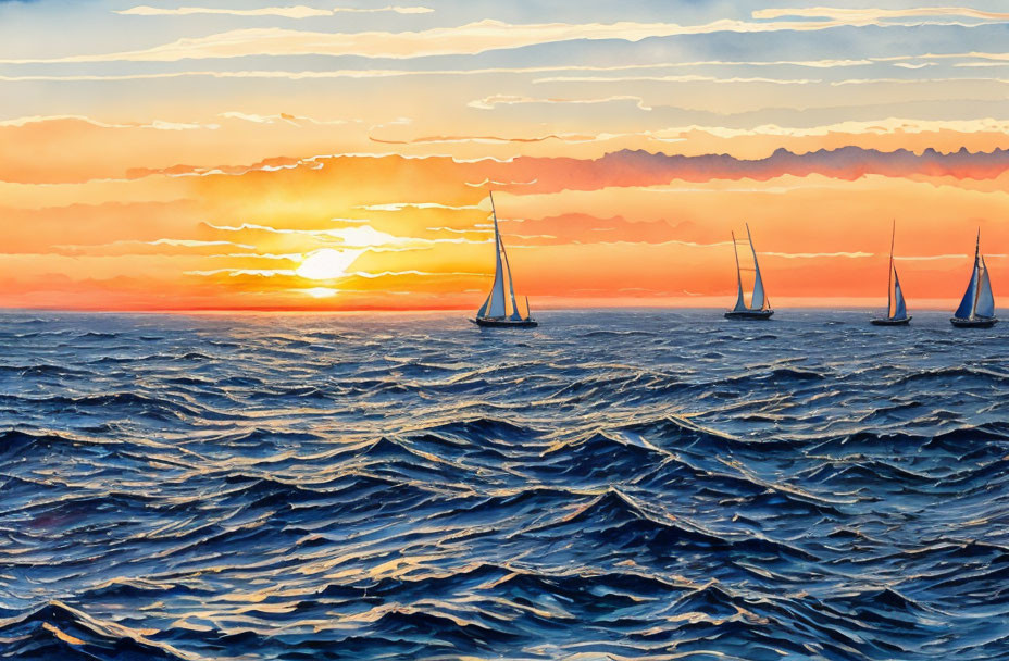 Scenic sunset ocean view with sailboats and layered clouds