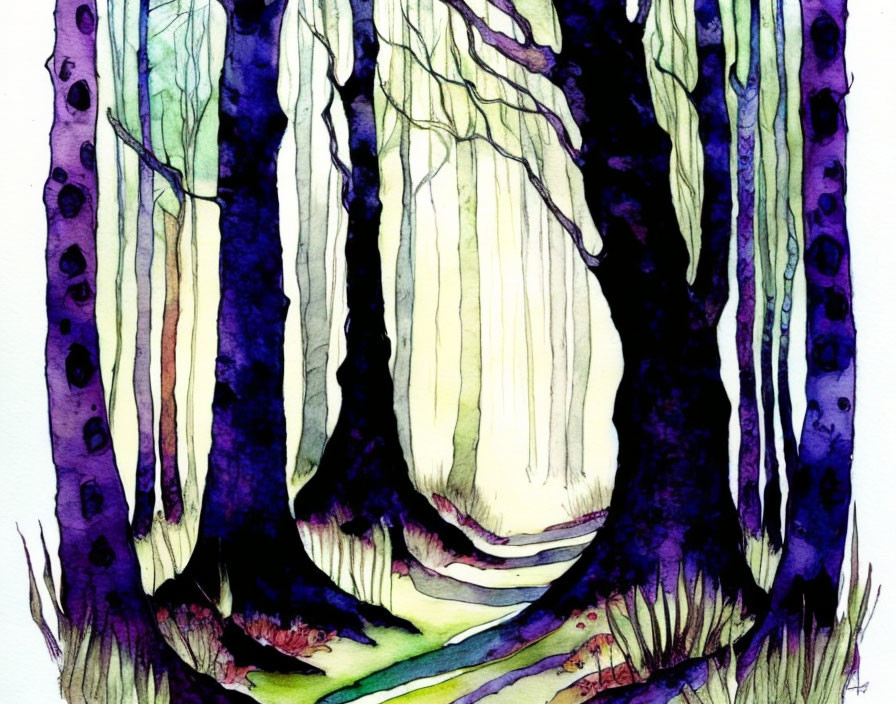 Whimsical forest watercolor with vivid purple trees