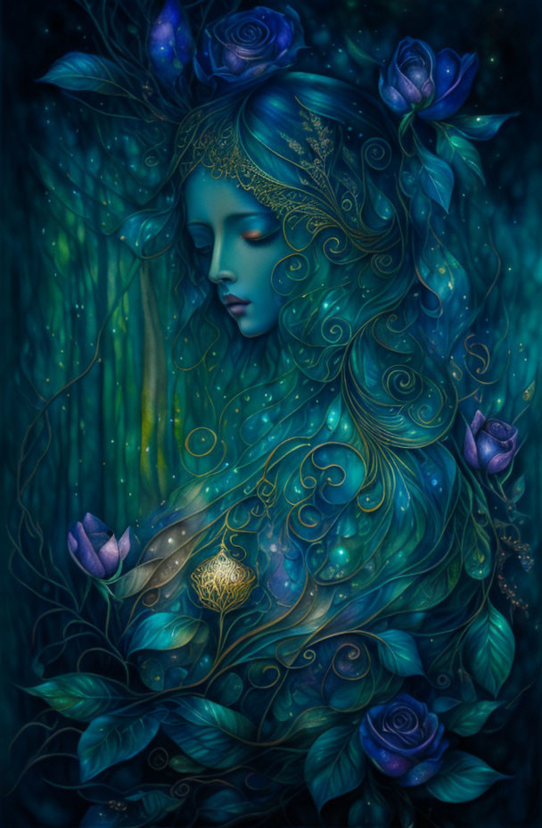 Ethereal artwork of mystical female figure in blue skin among blue roses and glowing foliage