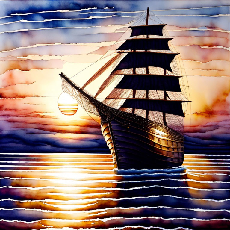 Vibrant painting of tall ship sailing at sunset with radiant sun and rippling ocean.