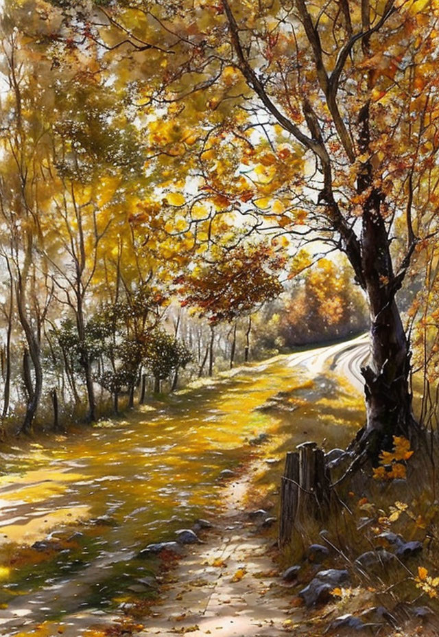 Tranquil autumn landscape with winding path and golden trees