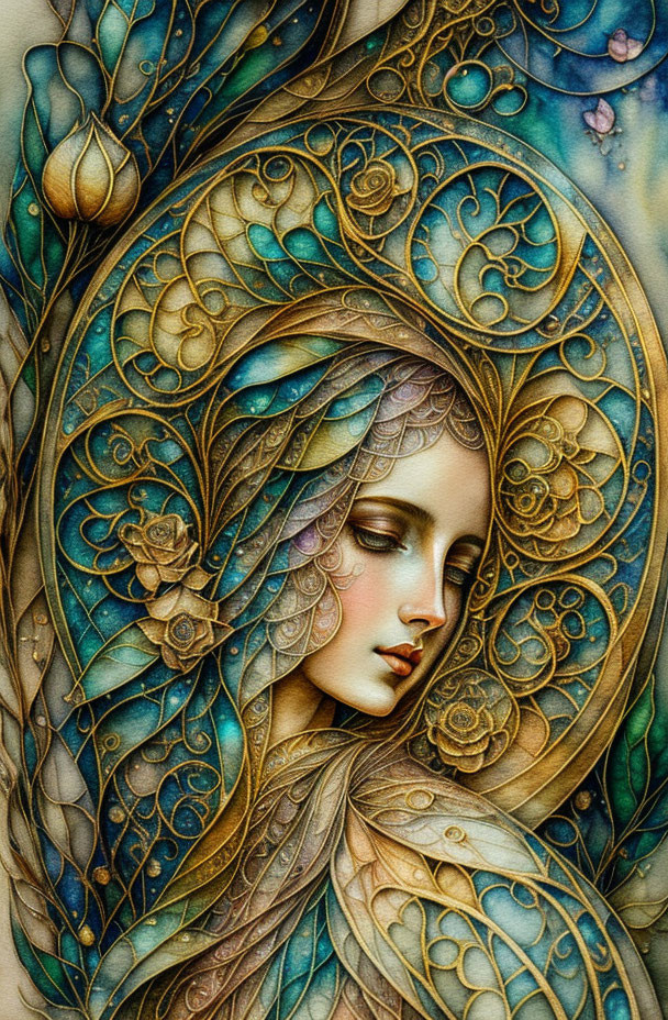 Detailed woman's profile with ornate floral patterns in gold, blue, and brown palette