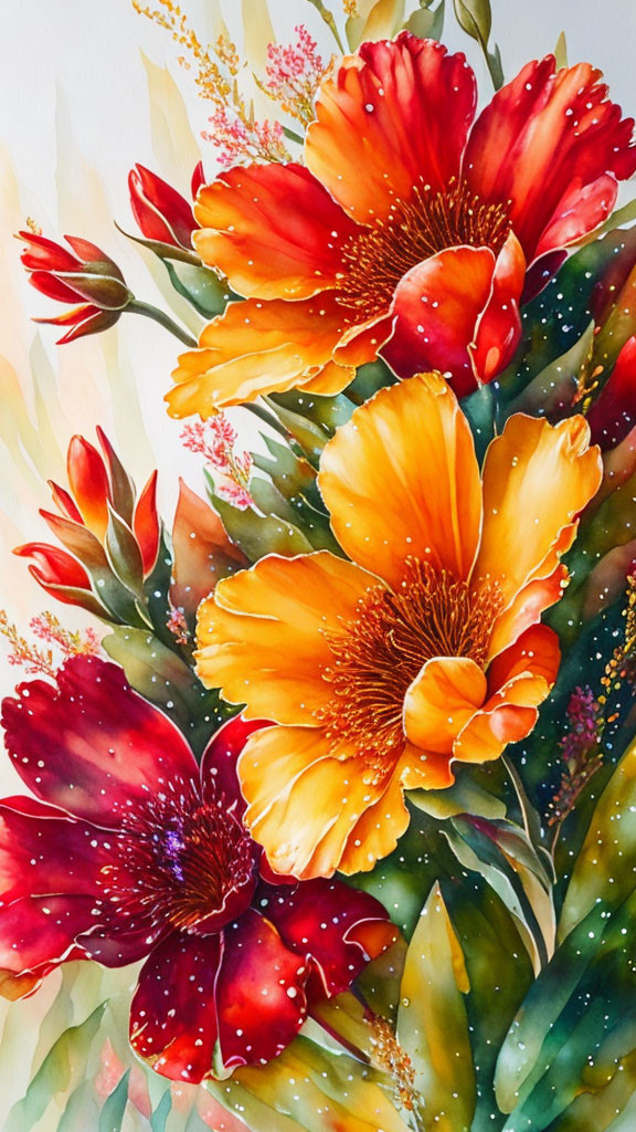 Colorful Watercolor Painting of Red and Orange Flowers with Green Leaves