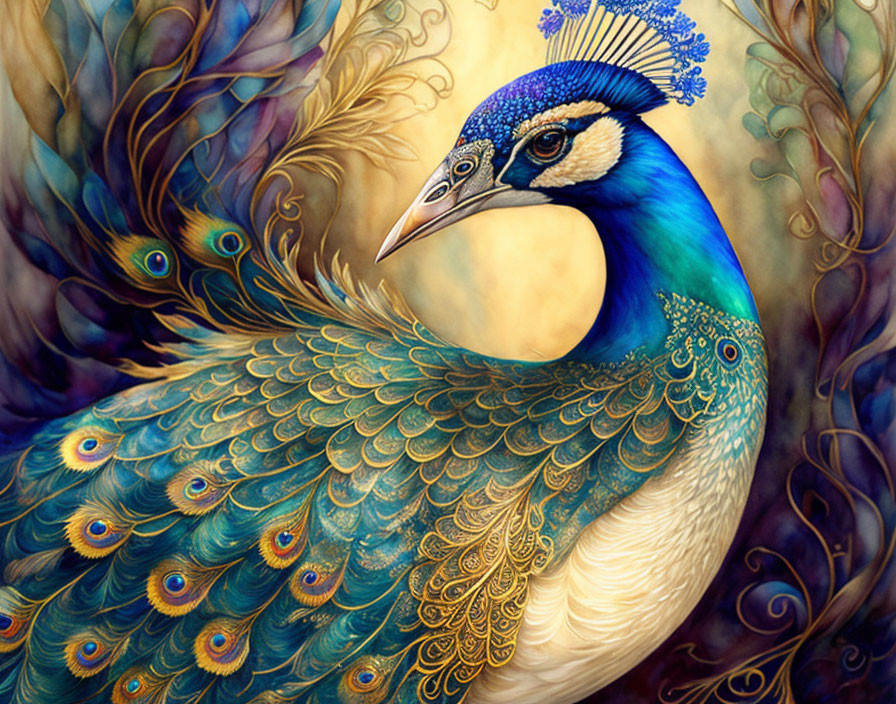 Detailed vibrant peacock illustration with blue and green plumage on golden patterned background