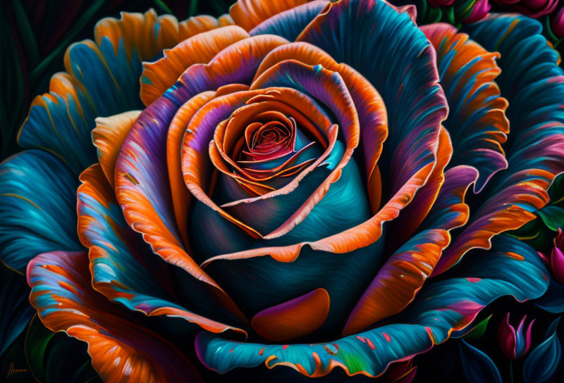 Colorful Swirling Rose on Dark Background with Floral Motifs