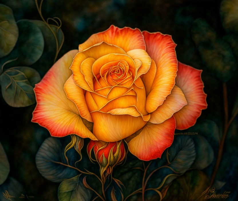 Vibrant digital painting of yellow rose on dark background