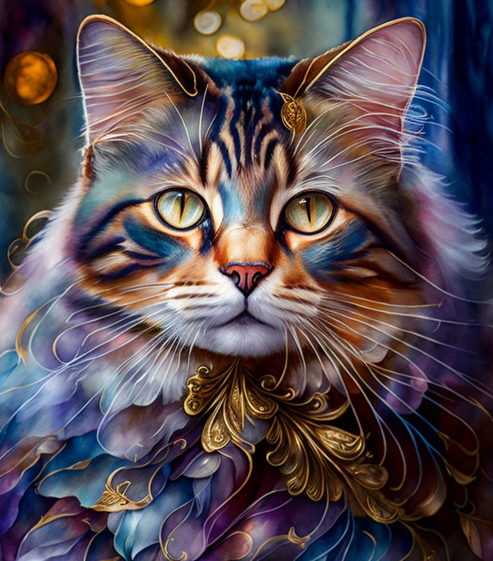 Colorful Cat Artwork with Ornate Details and Floral Background