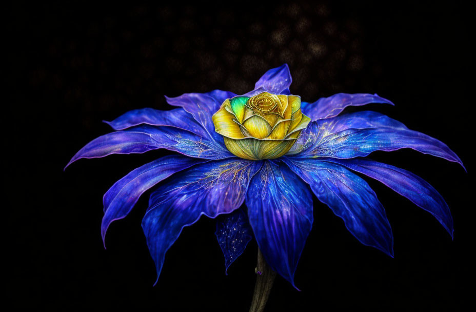 Detailed Blue Flower with Yellow Center on Dark Background