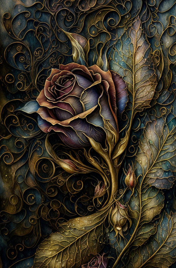 Detailed dark-toned rose artwork with swirl patterns on textured background