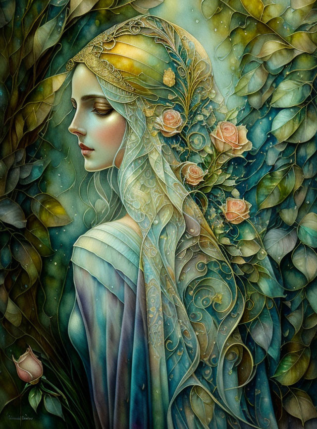 Ethereal woman with decorated headpiece among leaves and roses in mystical green art.