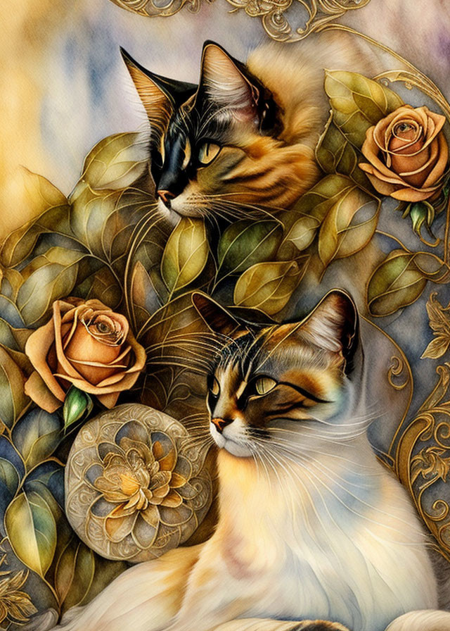 Detailed illustration of two cats with intricate patterns and roses in warm, golden tones