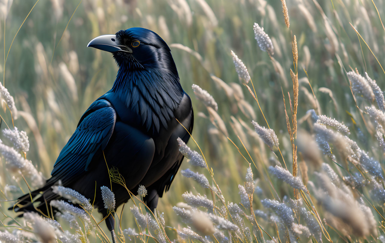Iridescent black bird in golden grasses