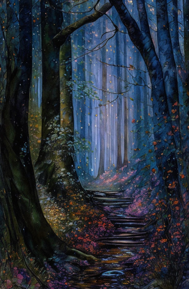 Enchanting forest path with vibrant flowers and tall trees in twilight ambiance