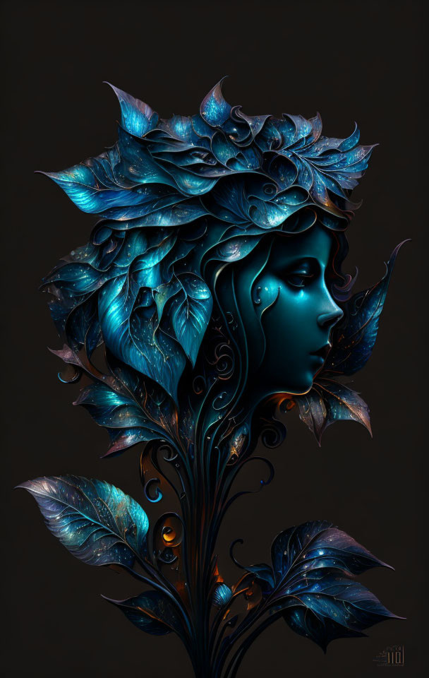 Female profile merged with blue metallic leaves: Mystical plant-human hybrid