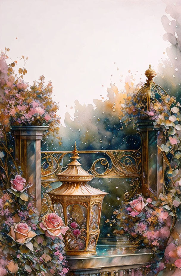 Ornate golden lantern on balcony with pastel flowers