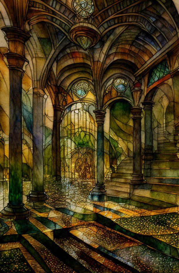 Gothic hall with arches, stained glass windows, checkered floor, golden leaves