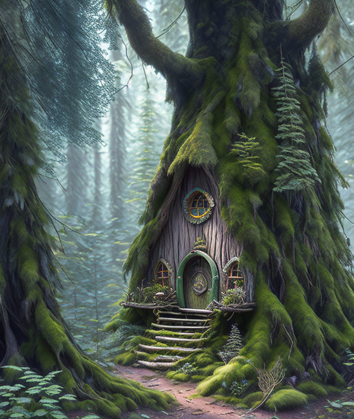 Round doors and windows in an enchanting treehouse in a moss-covered forest