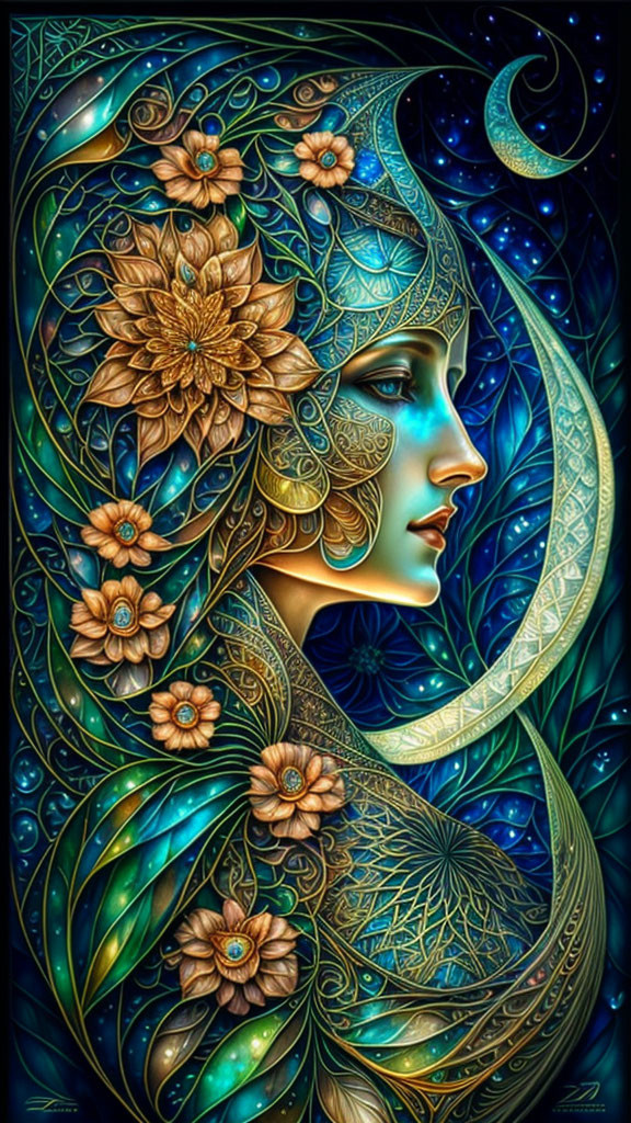 Stylized woman's profile with floral motifs and blue tones