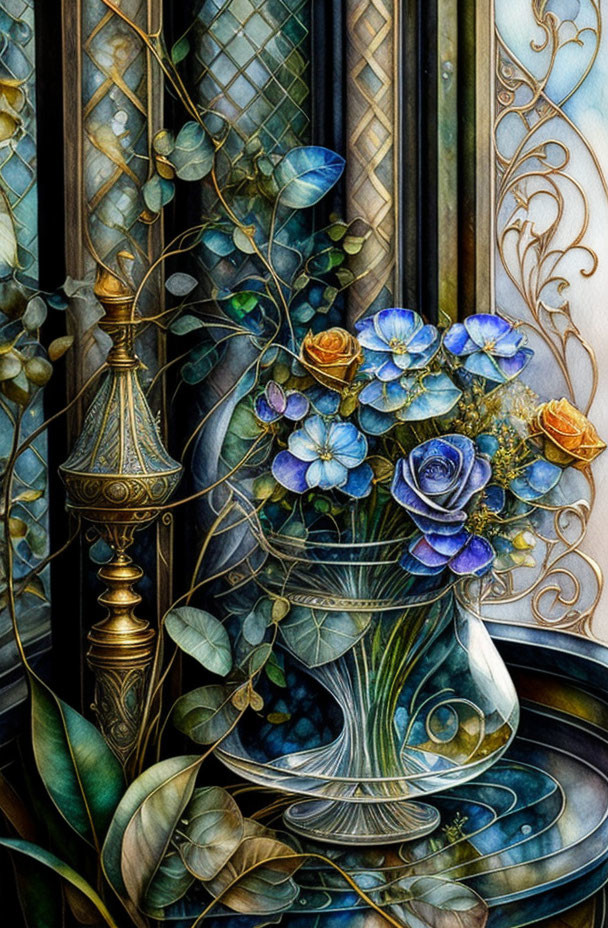 Stained glass window with vase, blue and gold flowers, greenery & patterns