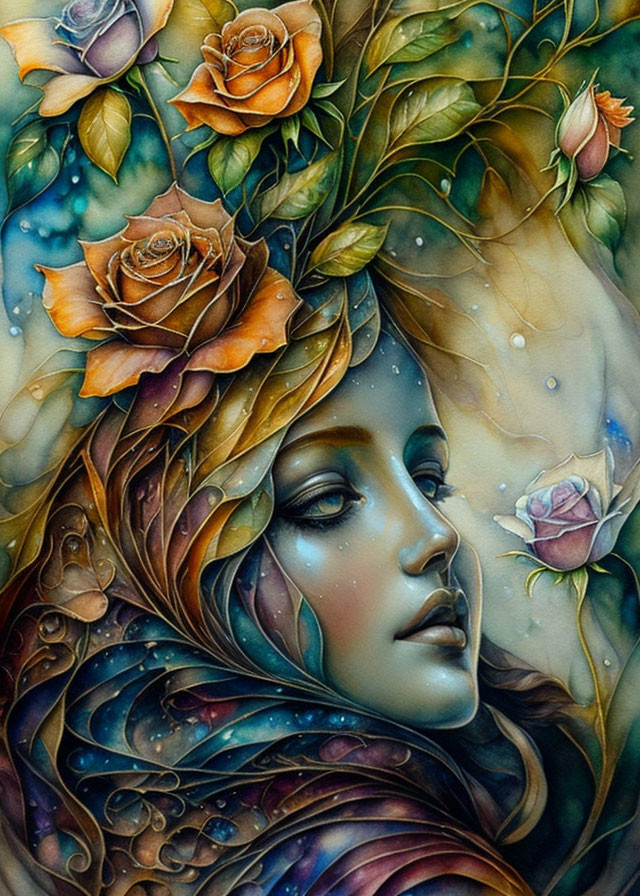 Woman's face in leaves and roses with dreamy expression in green, blue, and earth tones.