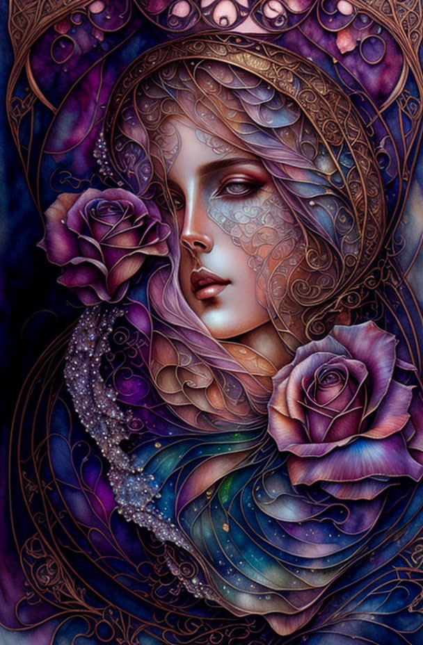 Detailed artwork of woman with lace patterns, purple roses, and celestial motifs in decorative frame