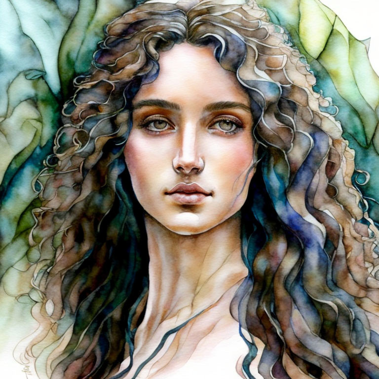 Curly-Haired Woman Portrait in Watercolor with Green Leaf Background