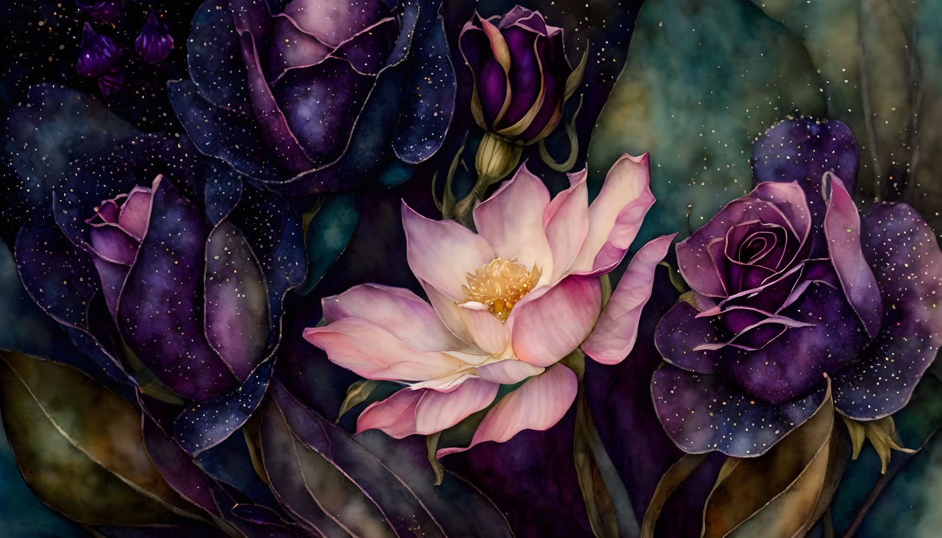 Cosmic flowers digital painting: purple and pink petals on dark starry backdrop