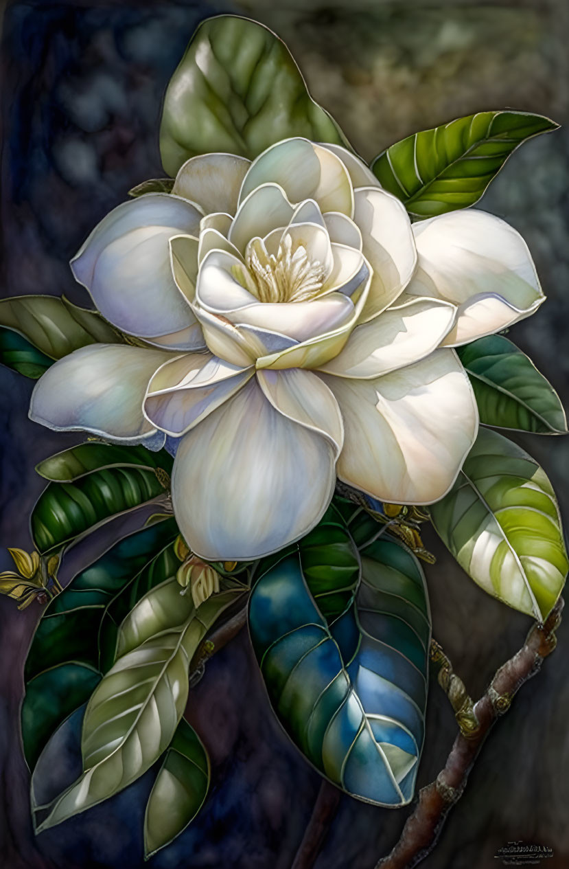 Detailed White Magnolia Flower Art with Green Leaves & Textured Background