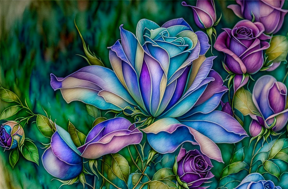 Colorful digital artwork featuring large blue and purple rose with smaller roses on green background