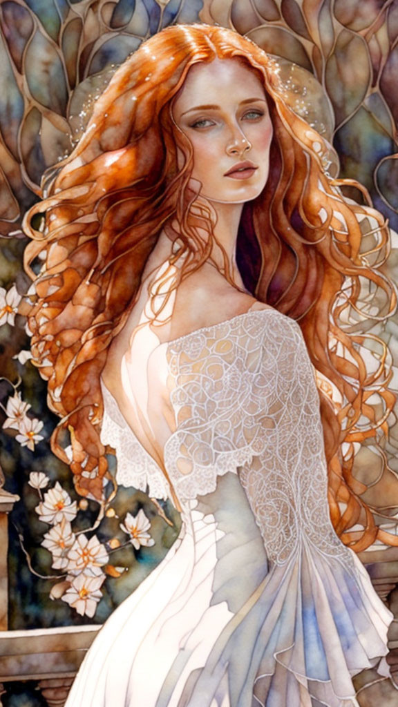 Portrait of Woman with Long Red Hair in White Lace Dress surrounded by Floral Background