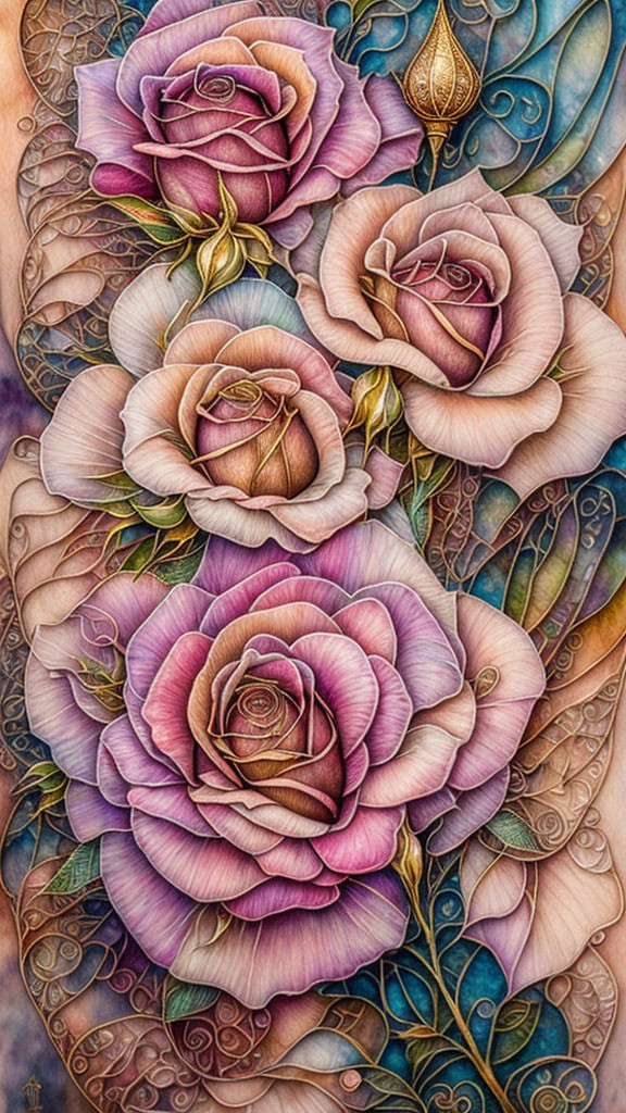 Detailed painting of three purple roses with golden accents on textured blue backdrop