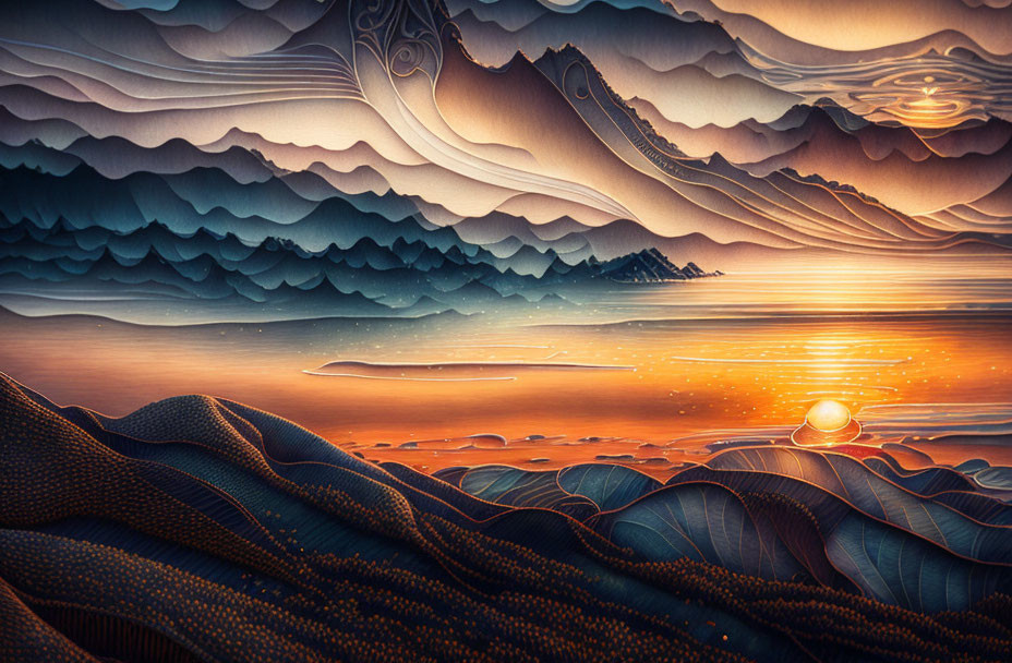 Layered landscape with waves and hills in warm orange and cool blue tones