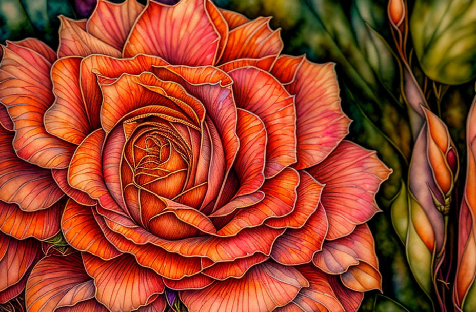 Detailed Close-Up of Vibrant Orange Rose and Green Foliage