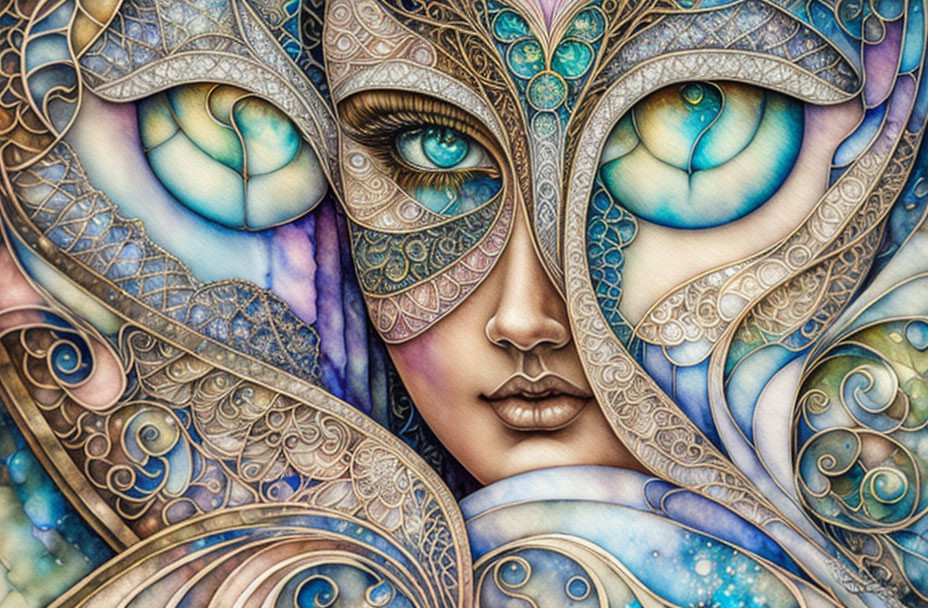 Colorful Artwork: Woman's Face With Expressive Eyes & Celestial Background