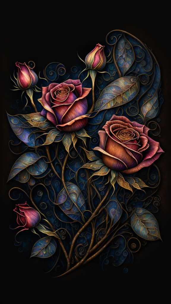 Vibrant rose and bud illustration on dark background