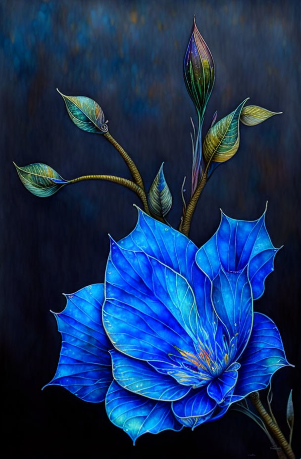 Intricate blue flower illustration on textured dark blue background