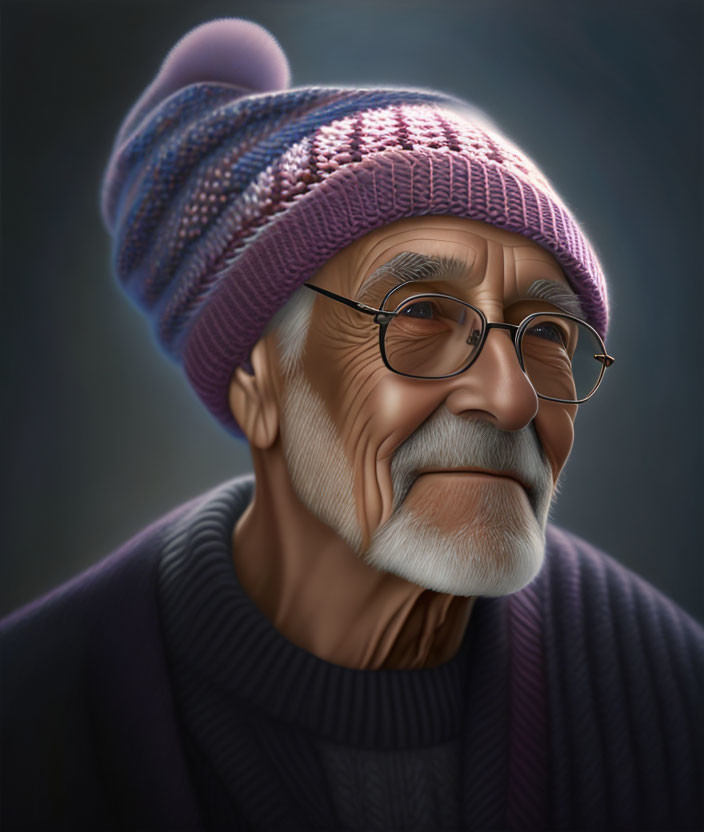 Elderly man digital artwork in purple knit cap and sweater