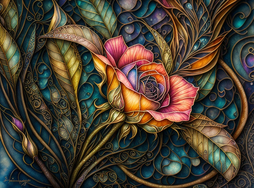 Colorful Stylized Rose on Dark Blue Background with Ornamental Designs